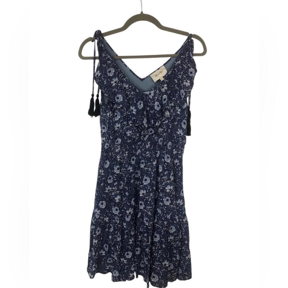 Floral Blue Sleeveless SunDress by Miss Me Tassle Ties Smocked Waist Tiered Hem
